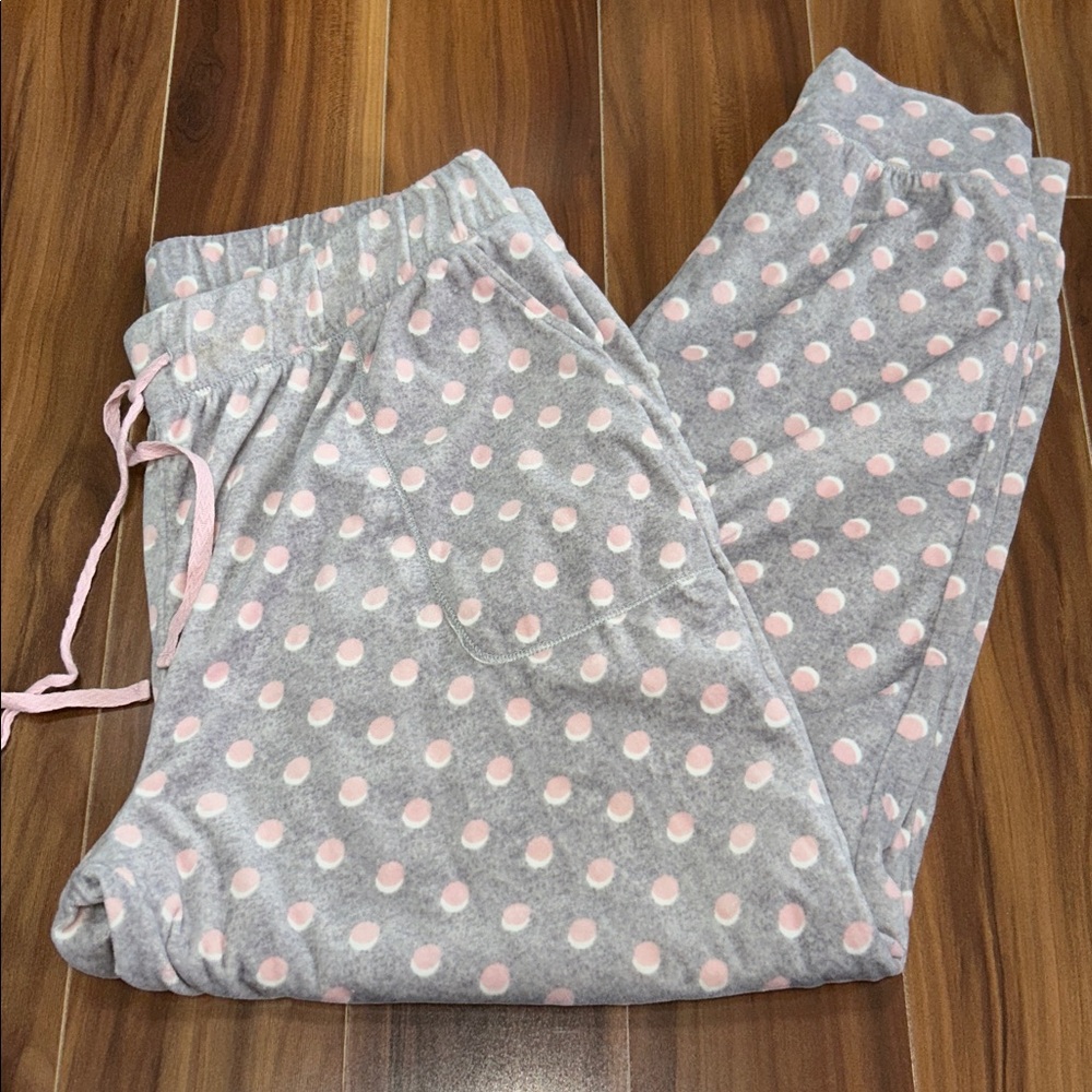 Large Cuddl Duds velour grey pink polka dot pajama jogger pants